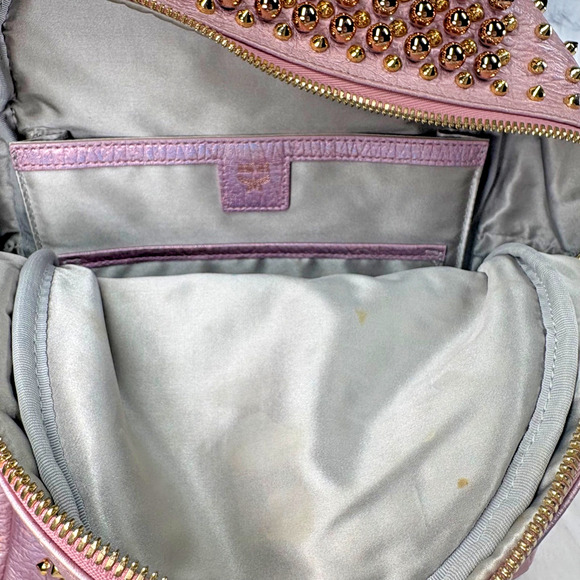 MCM Metallic Barbie Pink Logo Studded Zip Backpack Gold Heart Hardware Dust Bag